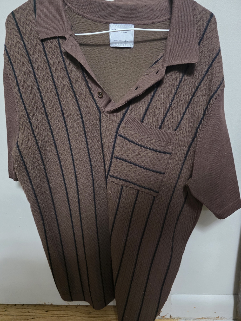 Refinery Republic Men's Brown Knit Polo Shirt Vertical Stripe Textured Size LG